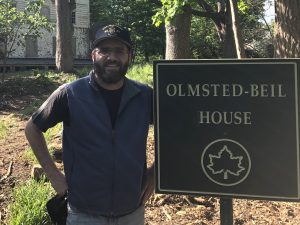 Andrew Gustafson of Turnstile Tours visits Olmsted-Beil House on May 17 in preparation for June 10 tour