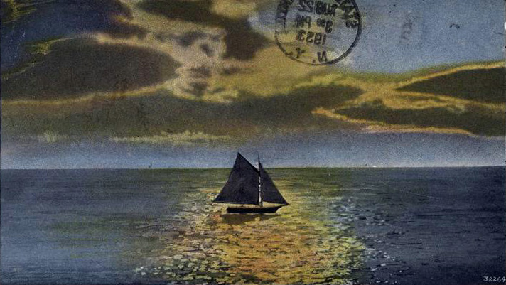Sunset sailing off the beaches of Staten Island, postcard, 1923.