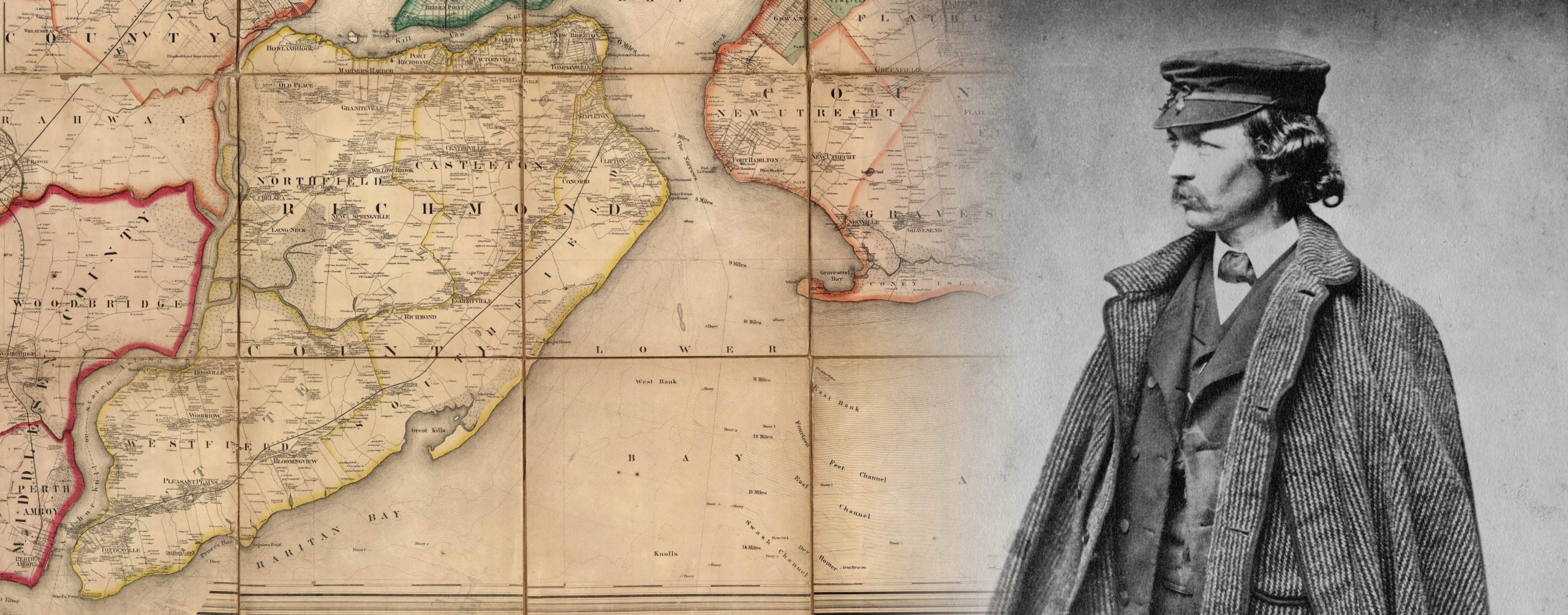Images: Left, Atlas of Staten Island, 1860, David Rumsey Collection, David Rumsey Map Center, Stanford Libraries. Right: Frederick Law Olmsted, ca. 1860, New York Historical Society